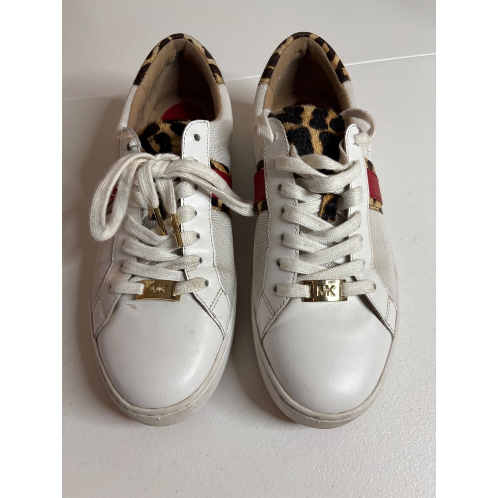 Michael Kors Womens White Leather Leopard Calf Hair Red Stripe Sneakers 9M SG190